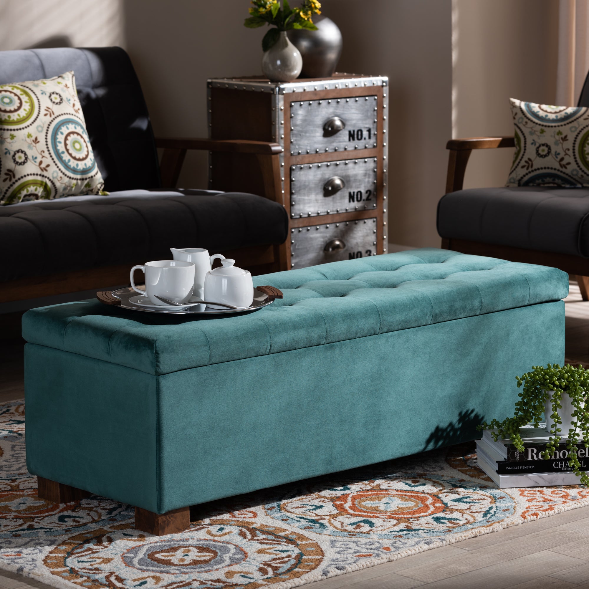 Roanoke Modern and Contemporary Teal Blue Velvet Fabric Upholstered Grid-Tufted Storage Ottoman Bench