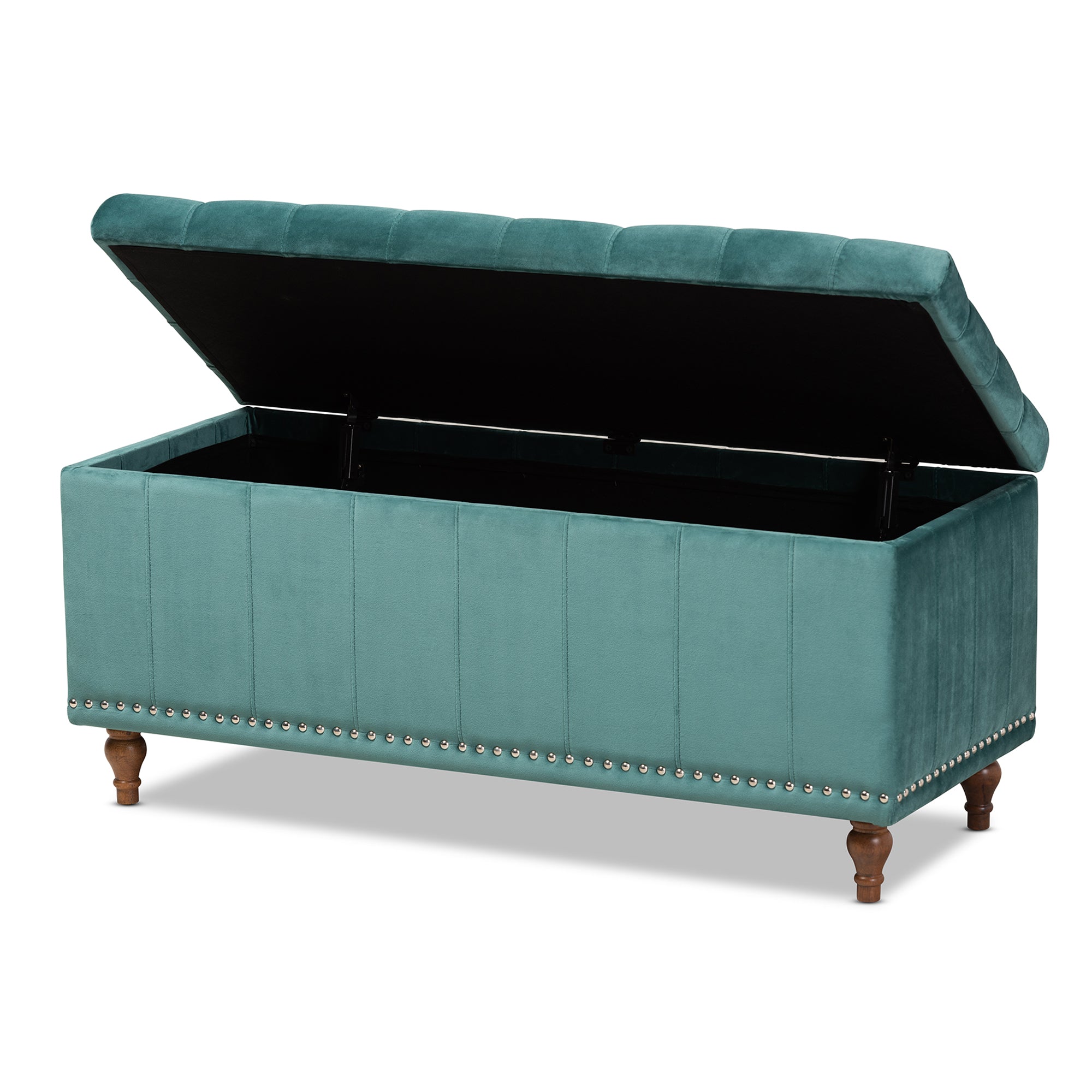 Kaylee Modern and Contemporary Teal Blue Velvet Fabric Upholstered Button-Tufted Storage Ottoman Bench