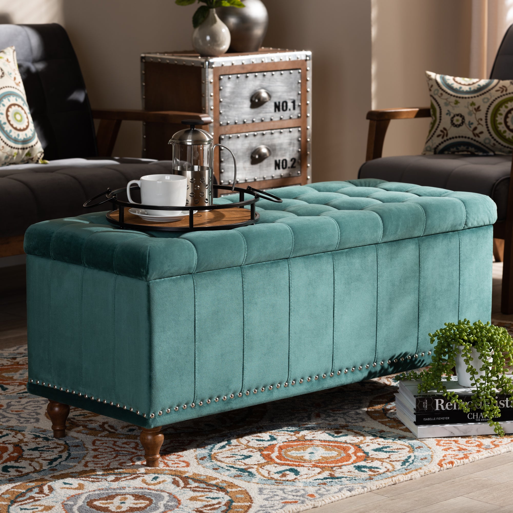 Kaylee Modern and Contemporary Teal Blue Velvet Fabric Upholstered Button-Tufted Storage Ottoman Bench