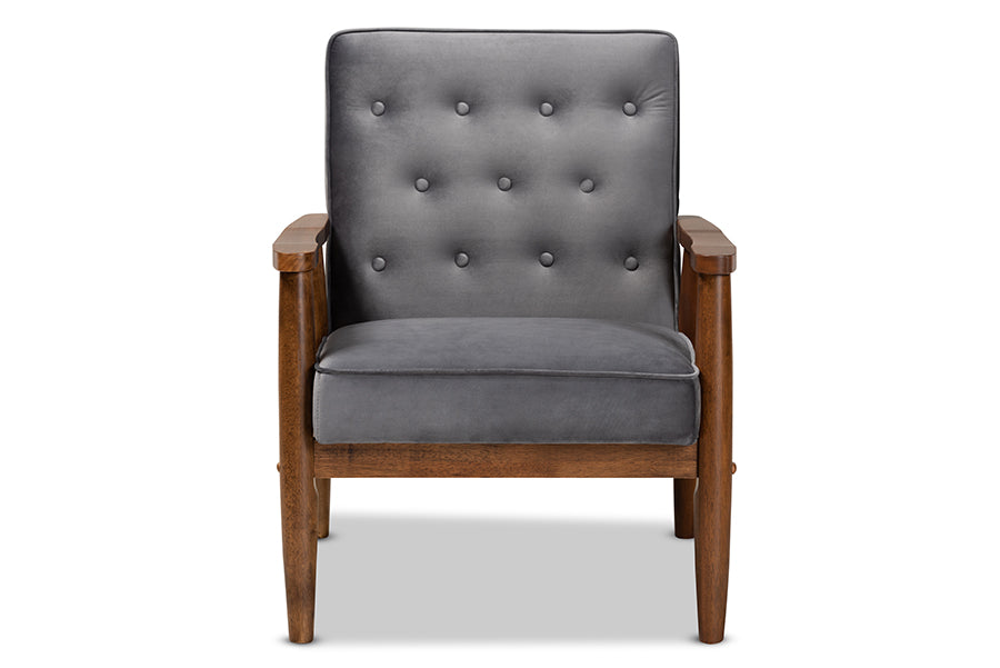 Sorrento Mid-century Modern Dark Grey Velvet Fabric Upholstered Walnut Finished Wooden Lounge Chair