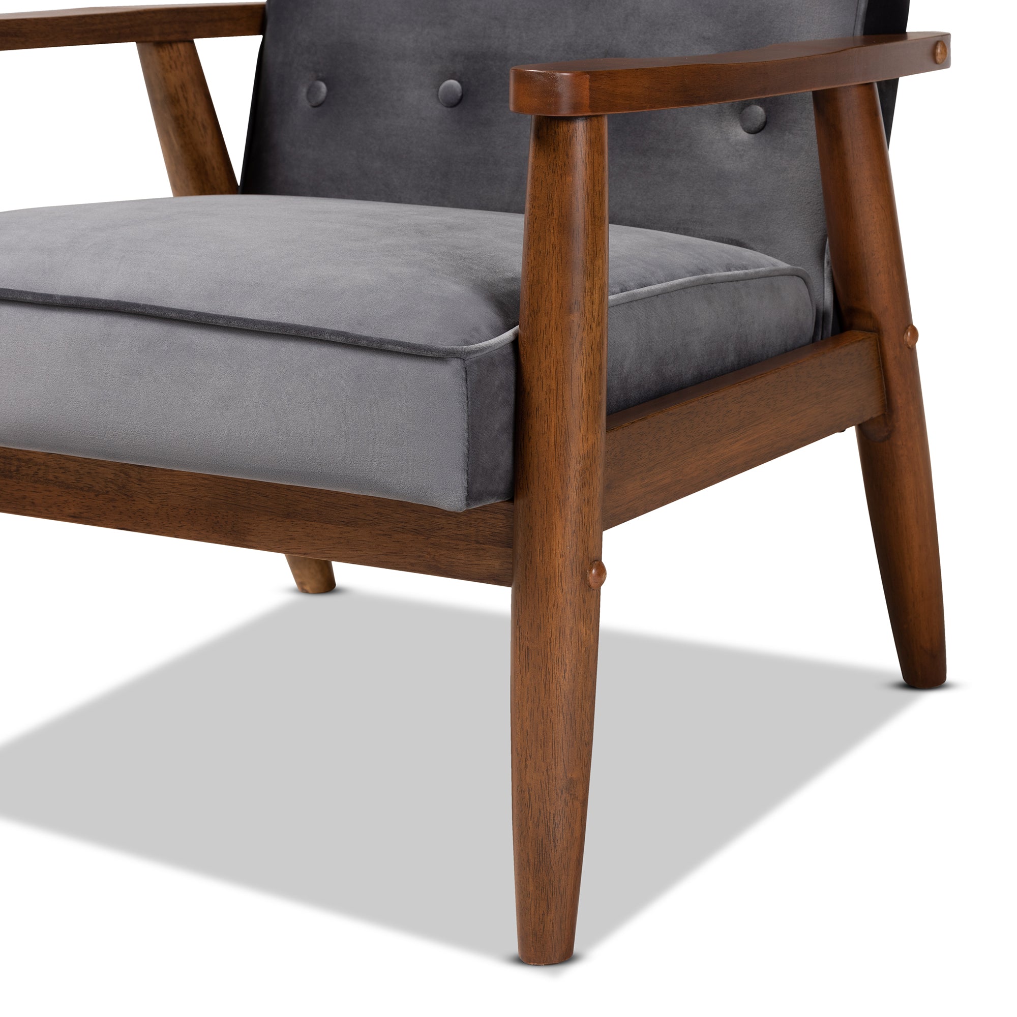 Sorrento Mid-century Modern Dark Grey Velvet Fabric Upholstered Walnut Finished Wooden Lounge Chair