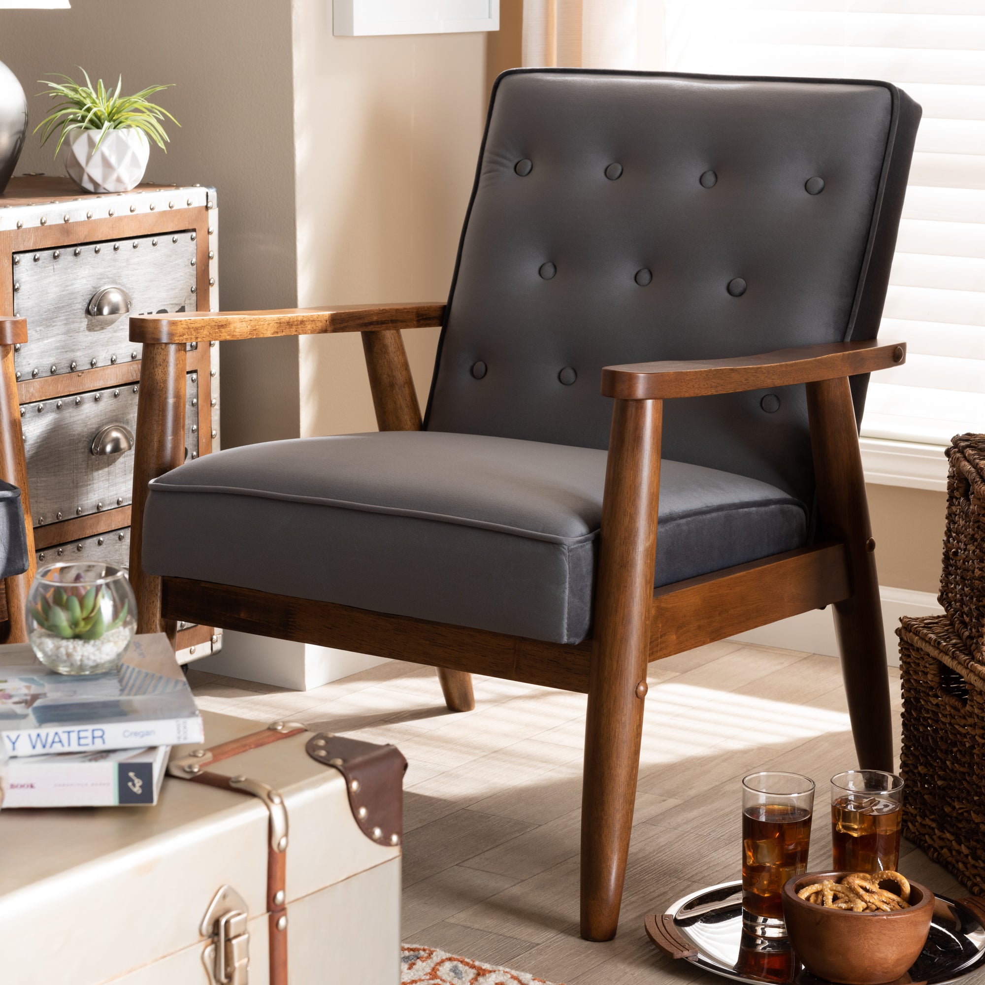 Sorrento Mid-century Modern Dark Grey Velvet Fabric Upholstered Walnut Finished Wooden Lounge Chair