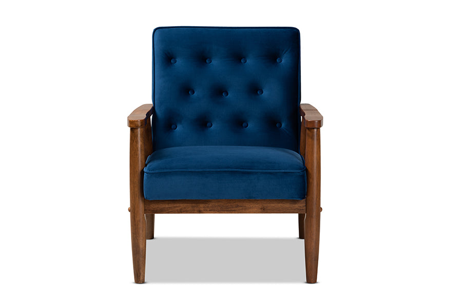 Sorrento Mid-century Modern Navy Blue Velvet Fabric Upholstered Walnut Finished Wooden Lounge Chair