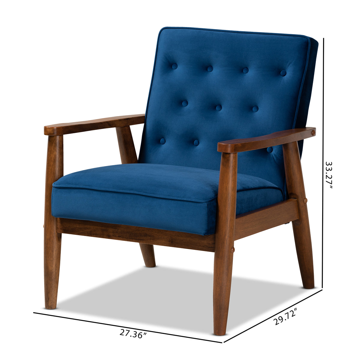 Sorrento Mid-century Modern Navy Blue Velvet Fabric Upholstered Walnut Finished Wooden Lounge Chair