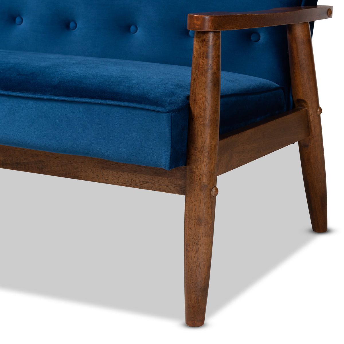 Sorrento Mid-century Modern Navy Blue Velvet Fabric Upholstered Walnut Finished 3-Piece Wooden Living Room Set