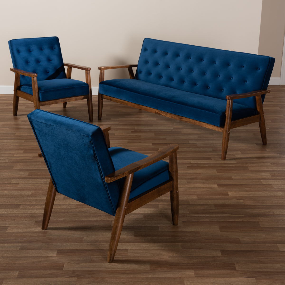 Sorrento Mid-century Modern Navy Blue Velvet Fabric Upholstered Walnut Finished 3-Piece Wooden Living Room Set