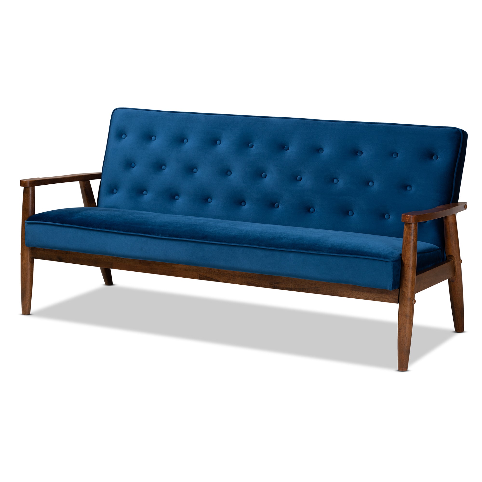 Baxton Studio Sorrento Mid-century Modern Navy Blue Velvet Fabric Upholstered Walnut Finished Wooden 3-seater Sofa