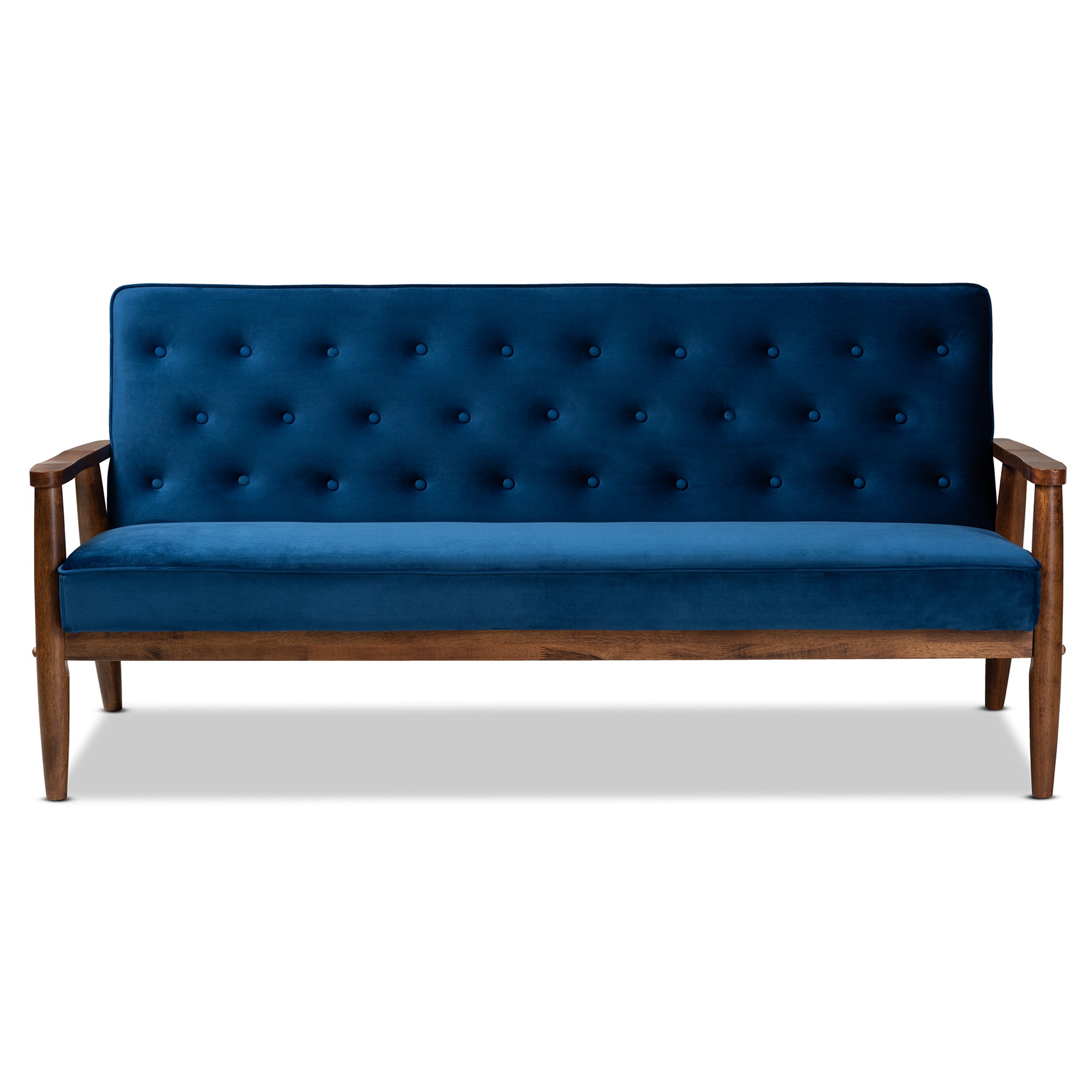 Sorrento Mid-century Modern Navy Blue Velvet Fabric Upholstered Walnut Finished Wooden 3-seater Sofa