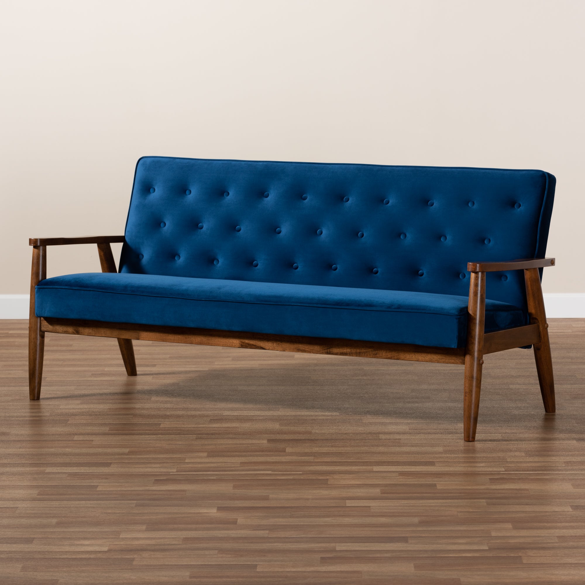 Sorrento Mid-century Modern Navy Blue Velvet Fabric Upholstered Walnut Finished Wooden 3-seater Sofa