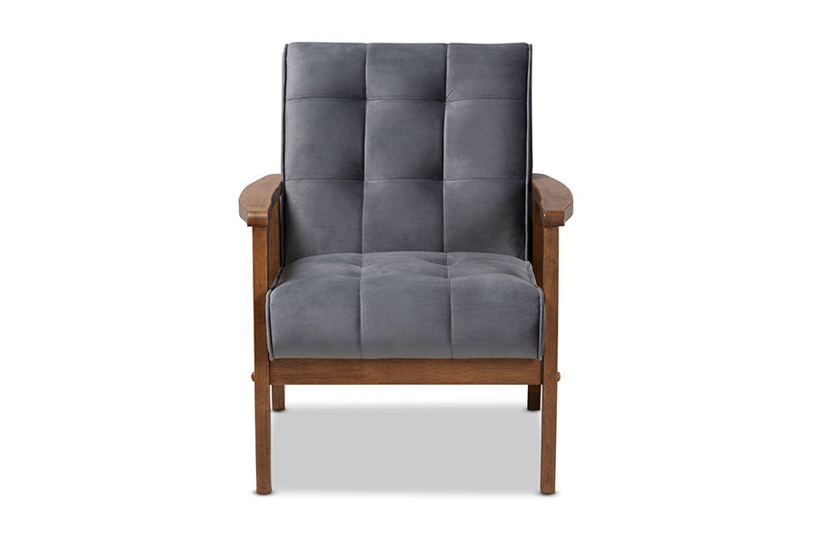 Asta Mid-Century Modern Grey Velvet Fabric Upholstered Walnut Finished Wood Armchair