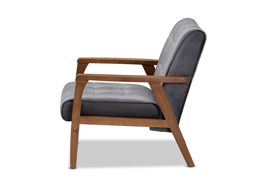 Asta Mid-Century Modern Grey Velvet Fabric Upholstered Walnut Finished Wood Armchair