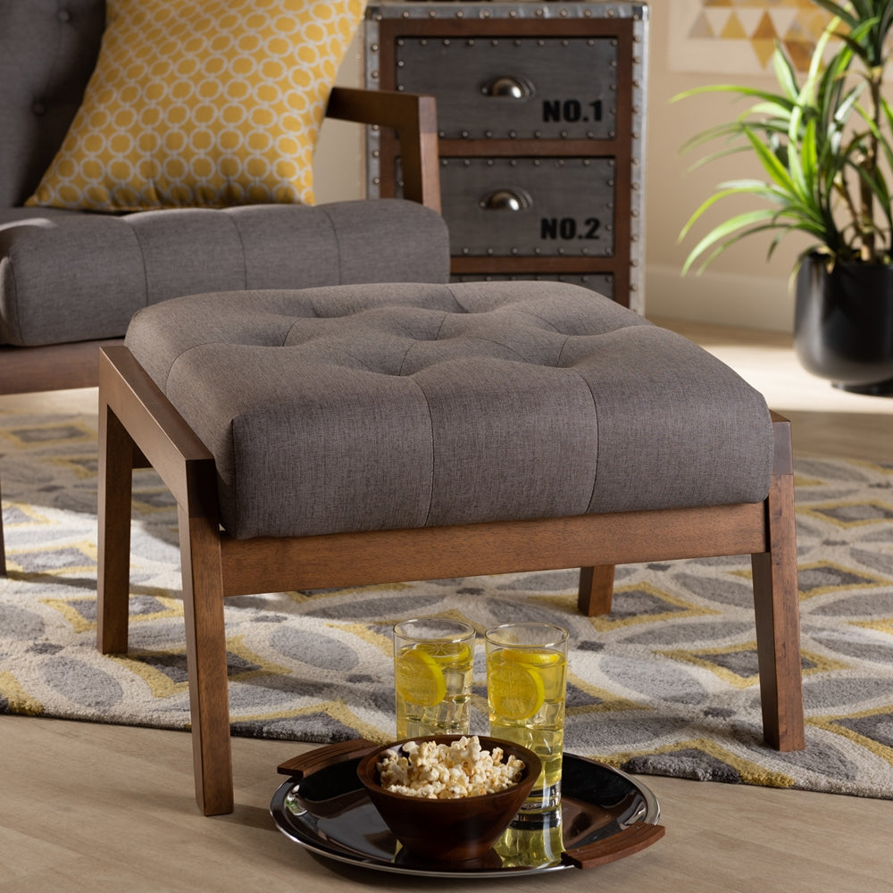 Naeva Mid-Century Modern Grey Fabric Upholstered Walnut Finished Wood Footstool