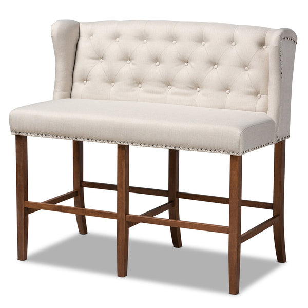 Alira Modern and Contemporary Beige Fabric Upholstered Walnut Finished Wood Button Tufted Bar Stool Bench