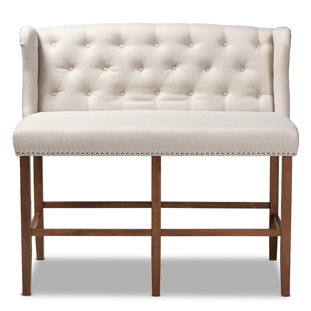 Alira Modern and Contemporary Beige Fabric Upholstered Walnut Finished Wood Button Tufted Bar Stool Bench