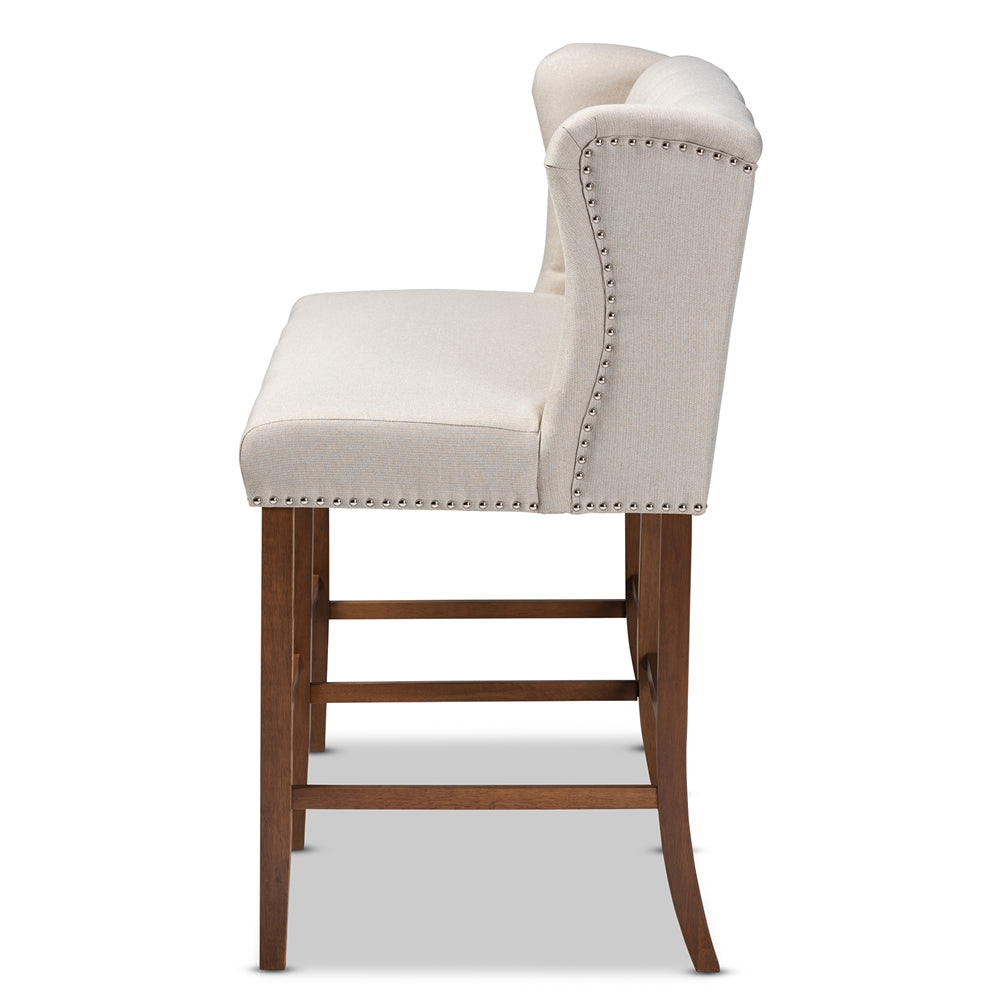 Alira Modern and Contemporary Beige Fabric Upholstered Walnut Finished Wood Button Tufted Bar Stool Bench