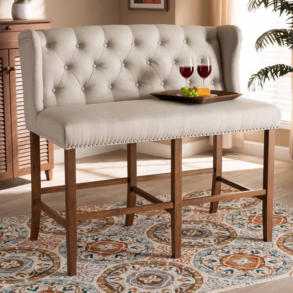 Alira Modern and Contemporary Beige Fabric Upholstered Walnut Finished Wood Button Tufted Bar Stool Bench