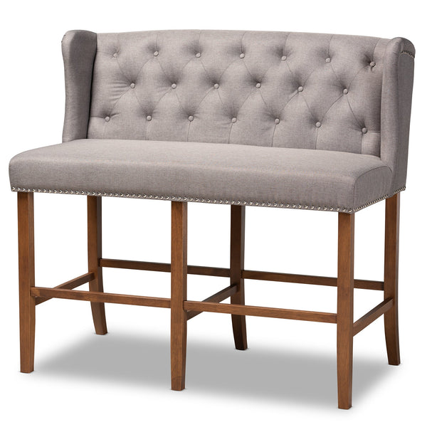 Alira Modern and Contemporary Grey Fabric Upholstered Walnut Finished Wood Button Tufted Bar Stool Bench