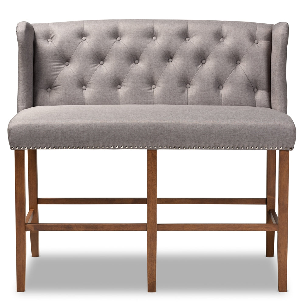 Alira Modern and Contemporary Grey Fabric Upholstered Walnut Finished Wood Button Tufted Bar Stool Bench