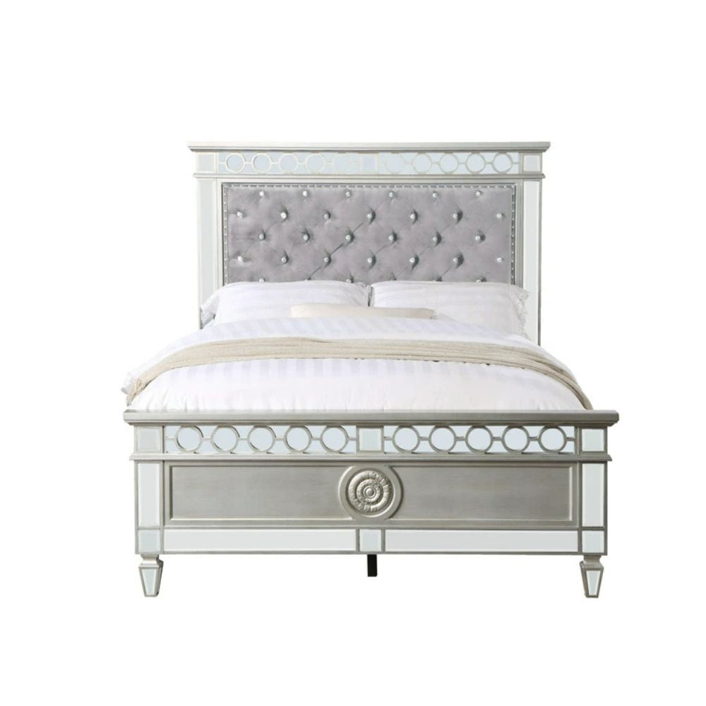 Varian Twin Bed, Gray Velvet, Silver & Mirrored Finish