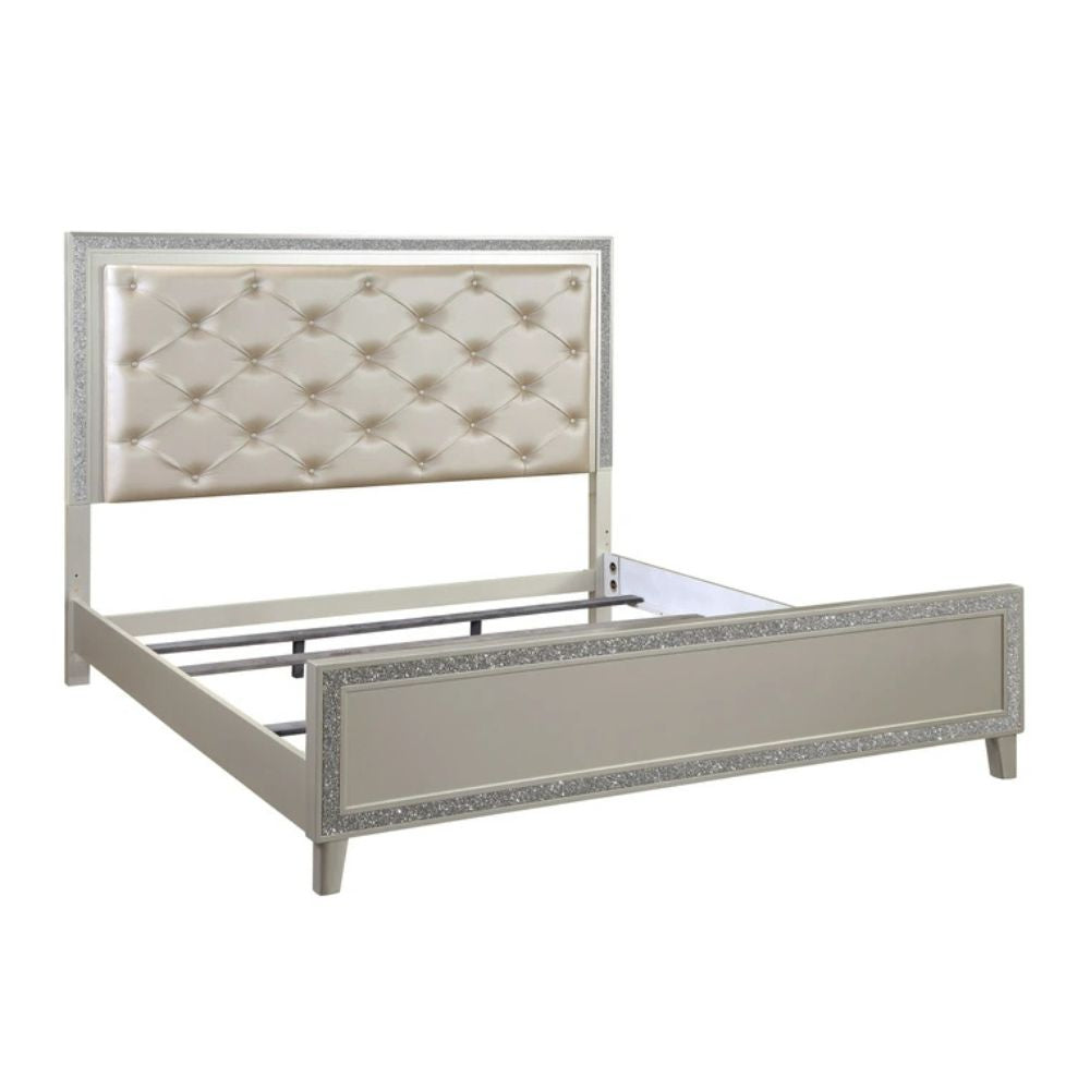 Sliverfluff Eastern King Bed w/LED, Synthetic Leather & Champagne Finish