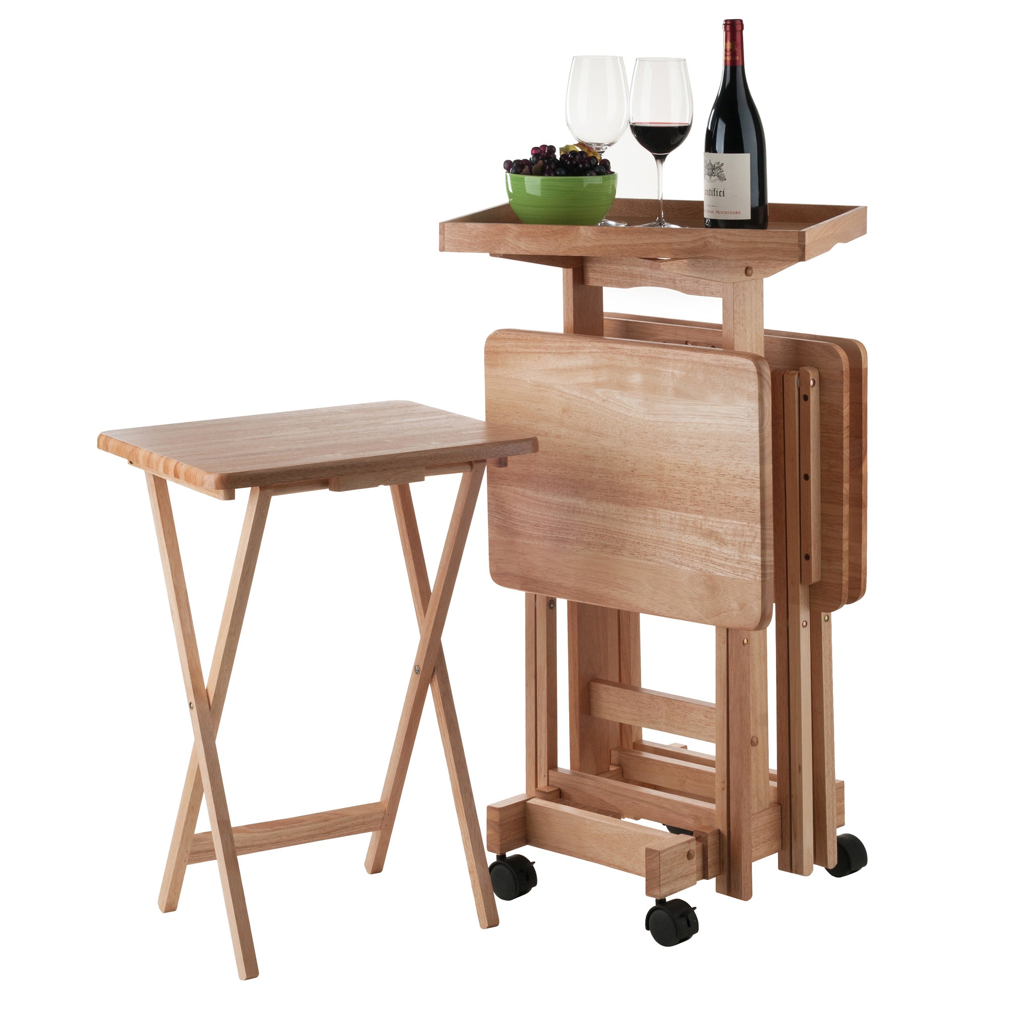 Isabelle Set of 4 Snack Tables with Mobile Stand and Removable Tray, Natural