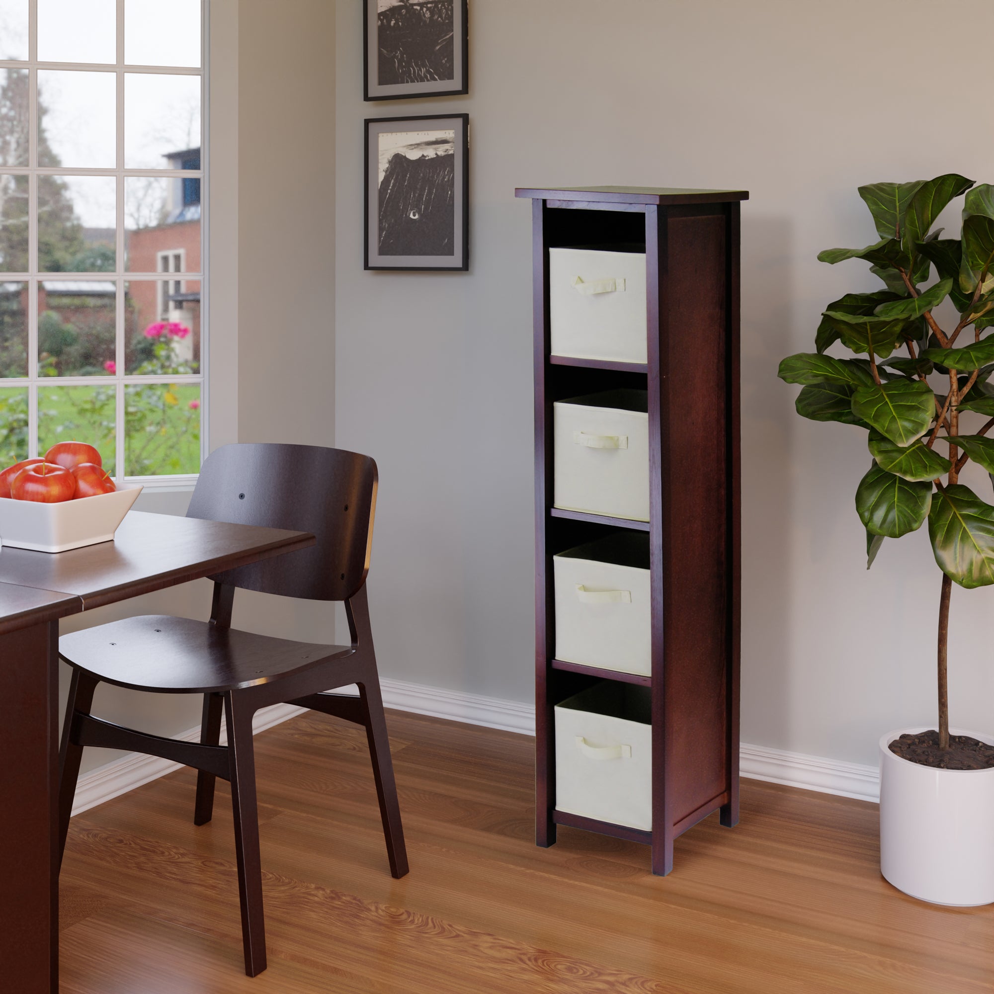 Verona 5-Pc Storage Shelf with 4 Foldable Fabric Baskets, Walnut and Beige