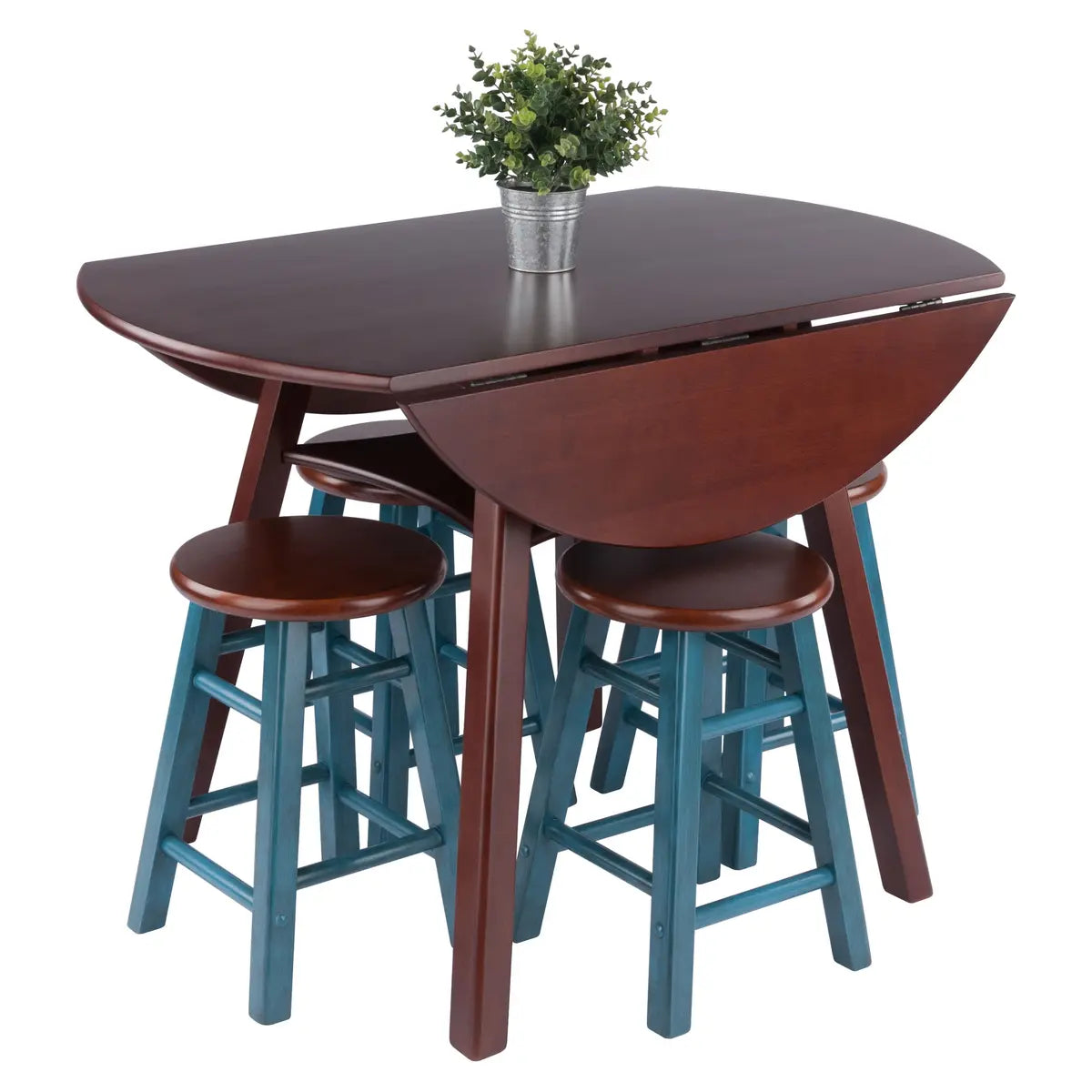 Marbelle Table 5-Pc Drop Leaf Dining Table, Walnut Finish, with 4 Element 18” Dining Stools, Walnut Rustic Teal Finish