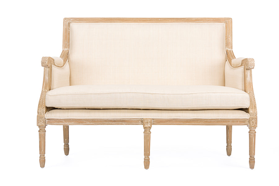 Chavanon Wood & Light Beige Linen Traditional French Loveseat