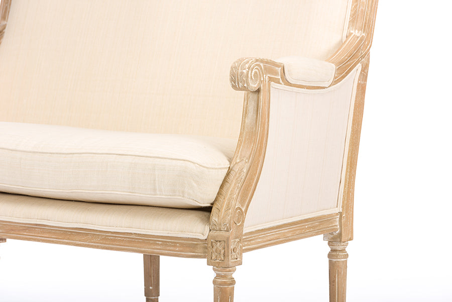 Chavanon Wood & Light Beige Linen Traditional French Loveseat