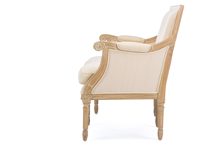Chavanon Wood & Light Beige Linen Traditional French Loveseat