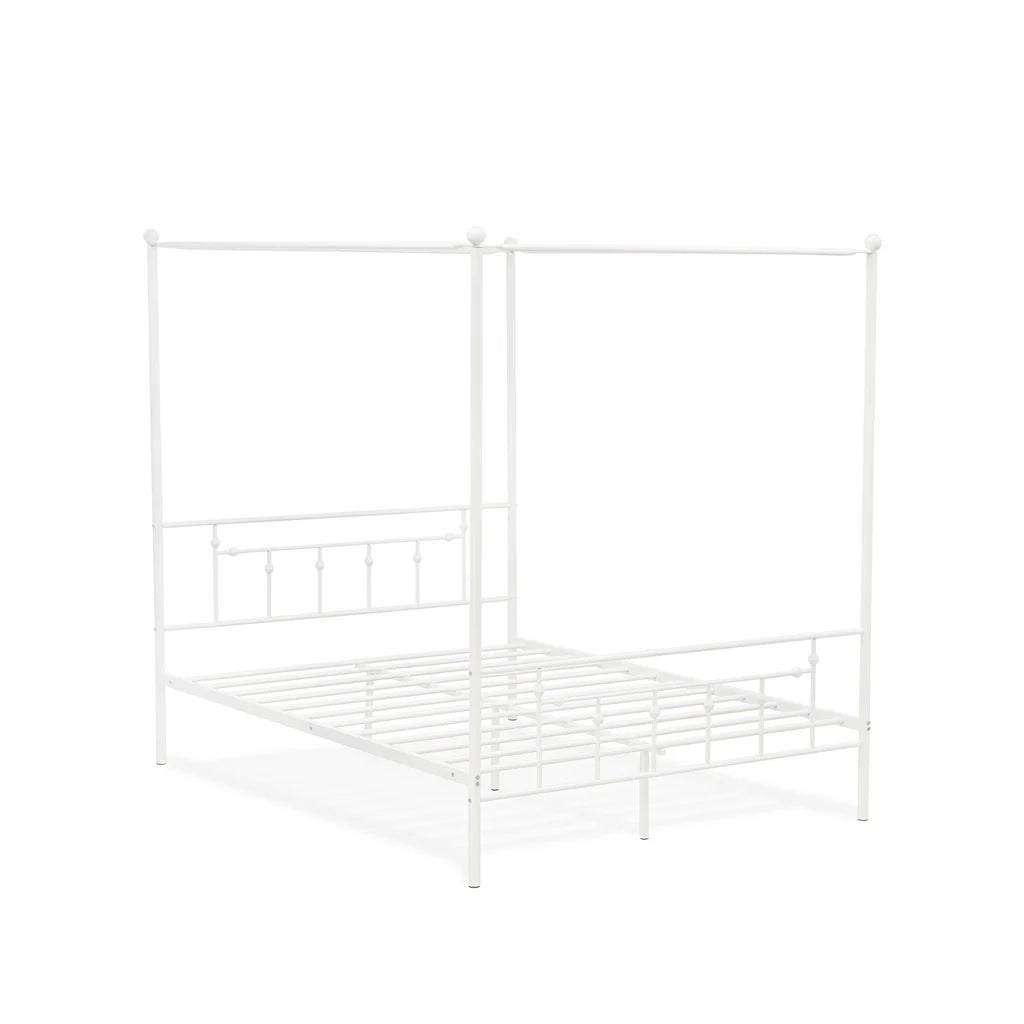 Anniston Queen Bed with Luxurious Style Headboard and Footboard - Canopy Metal Frame in Powder Coating White