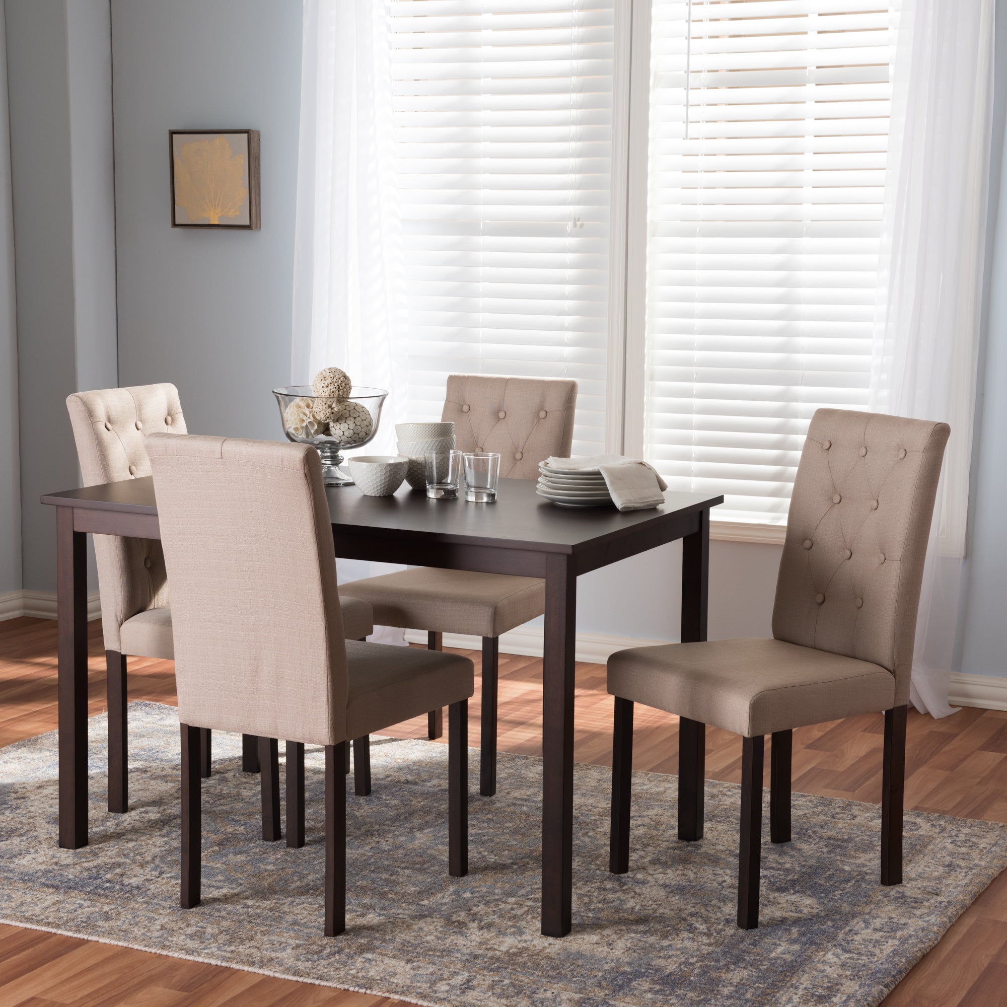 Gardner Modern and Contemporary 5-Piece Dark Brown Finished Beige Fabric Upholstered Dining Set 