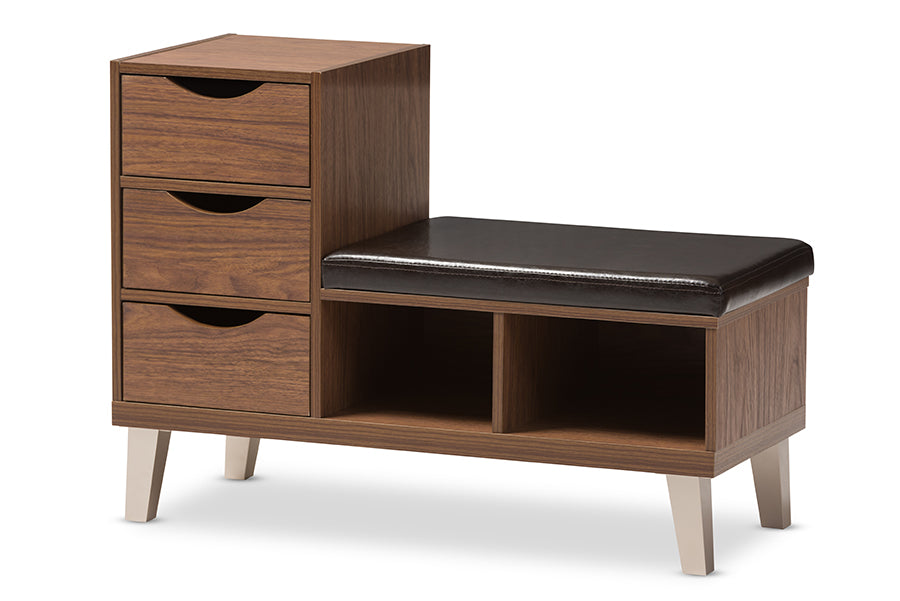 Arielle Modern and Contemporary Walnut Brown Wood 3-Drawer Shoe Storage Padded Leatherette Seating Bench with Two Open Shelves