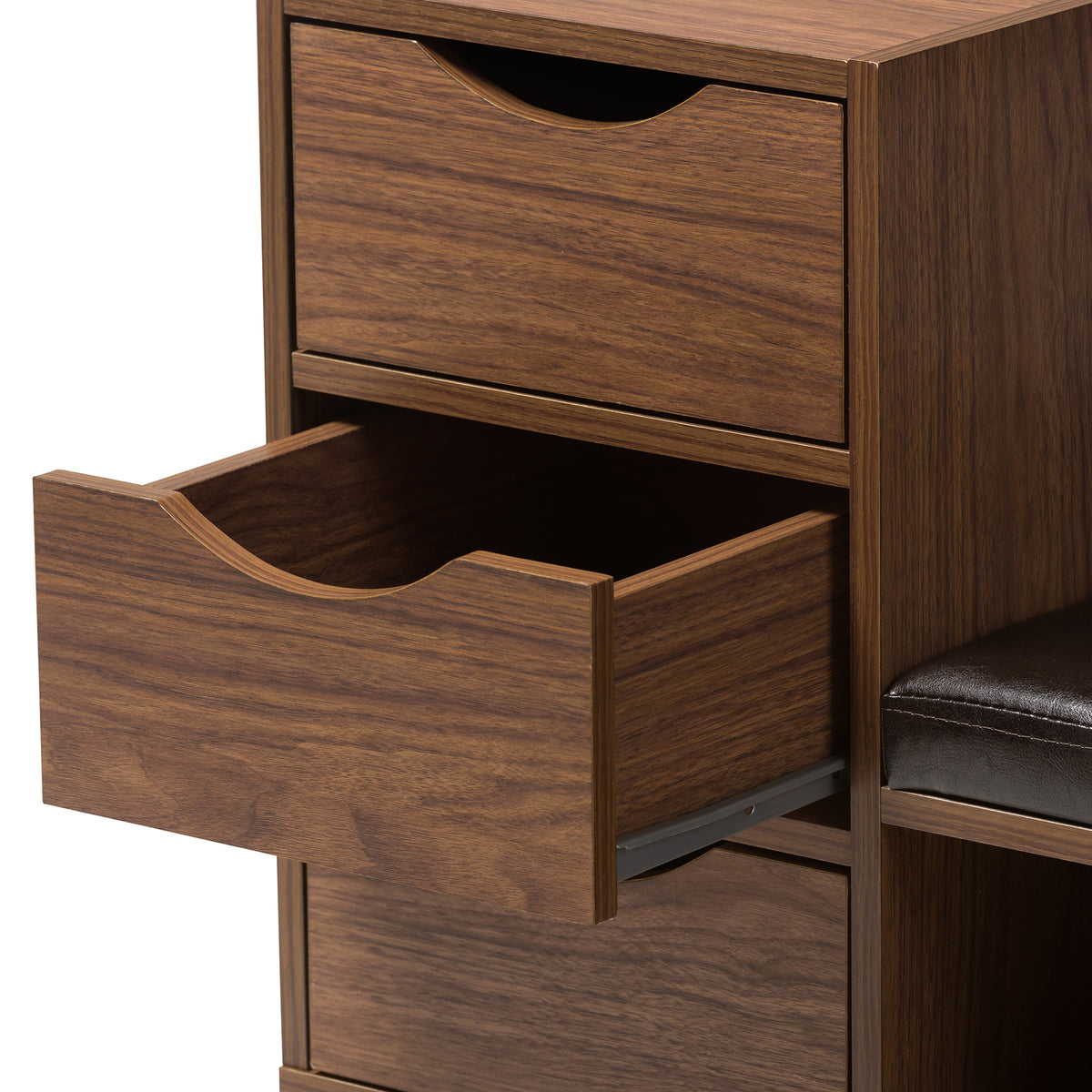 Arielle Modern and Contemporary Walnut Brown Wood 3-Drawer Shoe Storage Padded Leatherette Seating Bench with Two Open Shelves