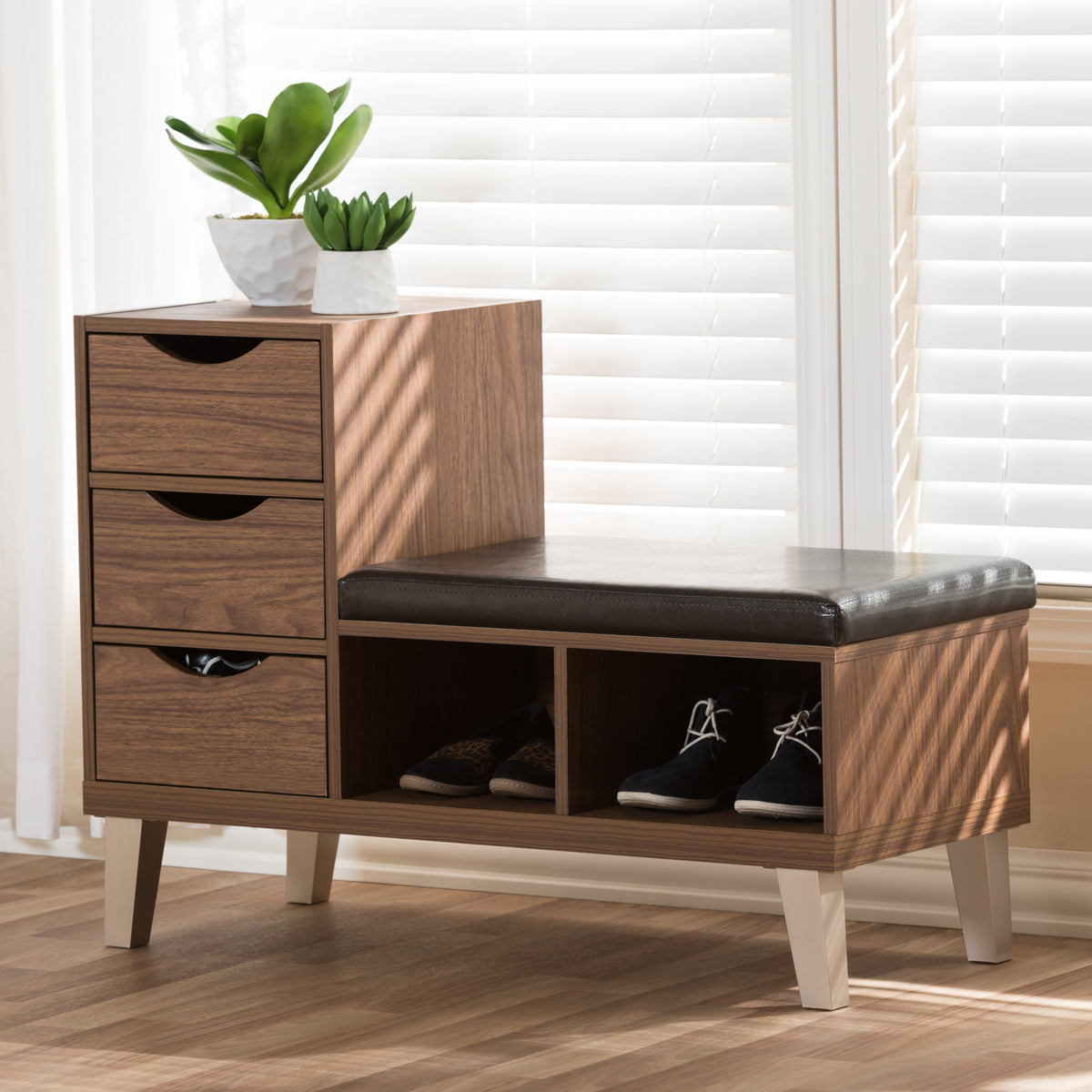 Arielle Modern and Contemporary Walnut Brown Wood 3-Drawer Shoe Storage Padded Leatherette Seating Bench with Two Open Shelves
