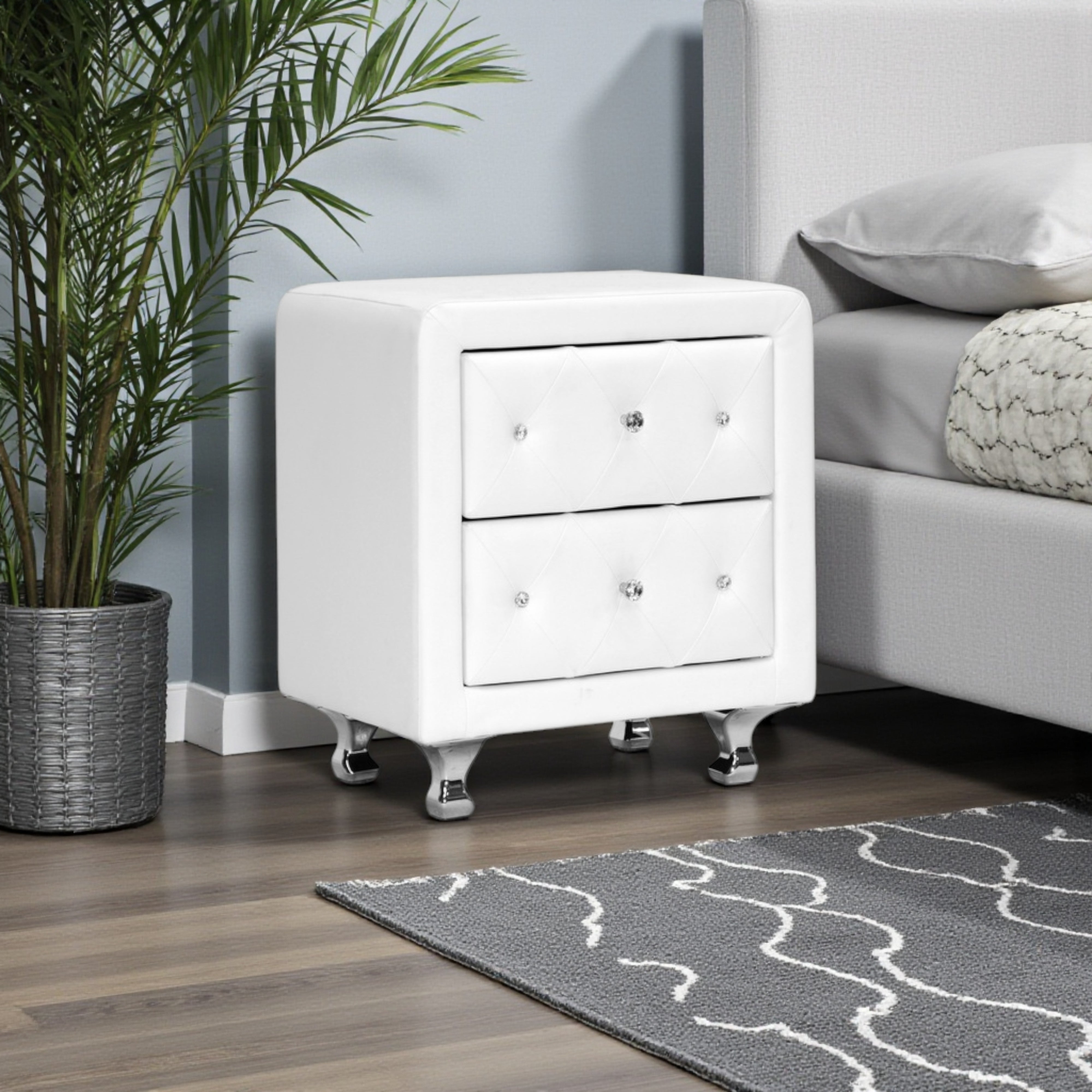 Stella Crystal Tufted White Upholstered Modern Nightstand