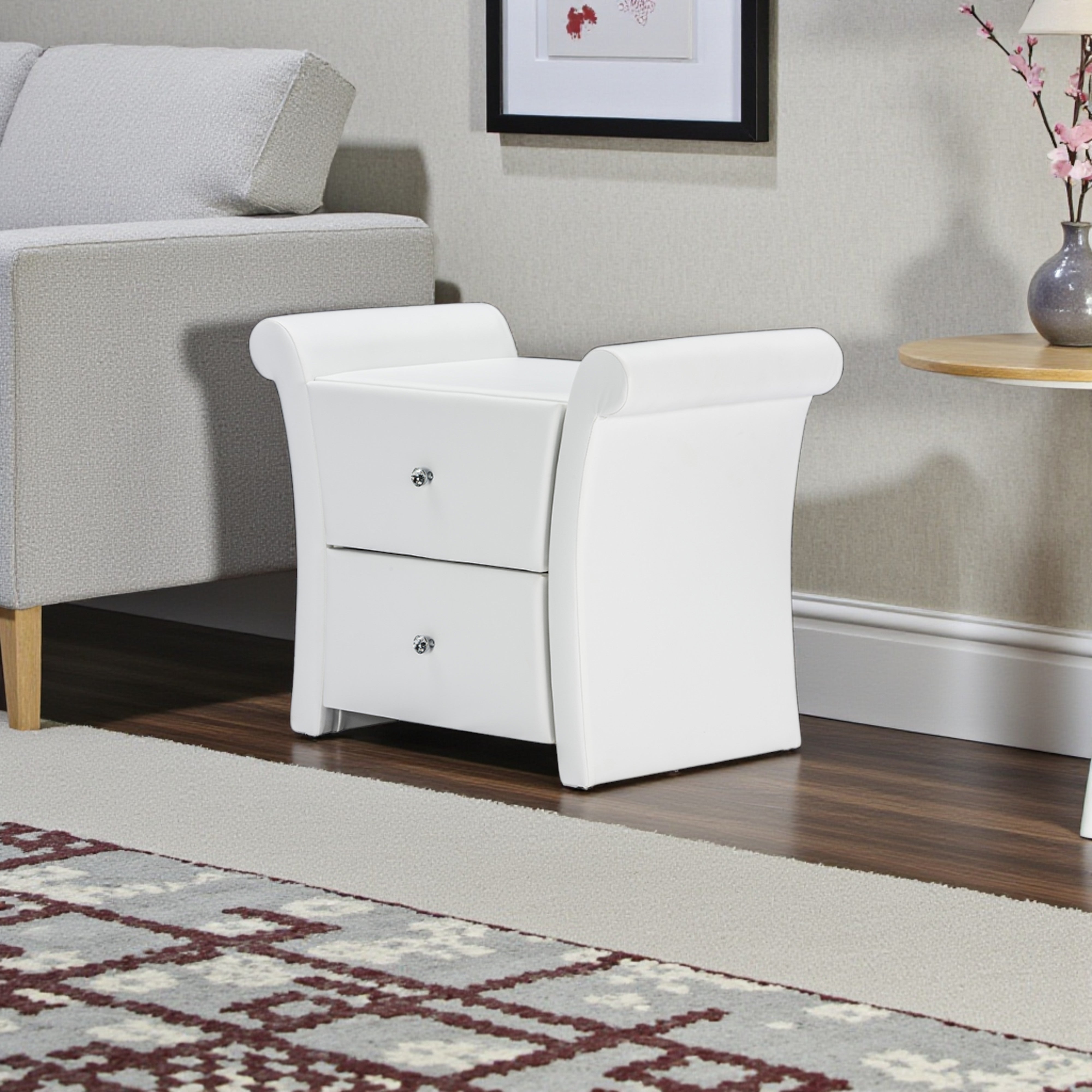 Victoria Matte White PU Leather 2 Storage Drawers Nightstand Bedside Table