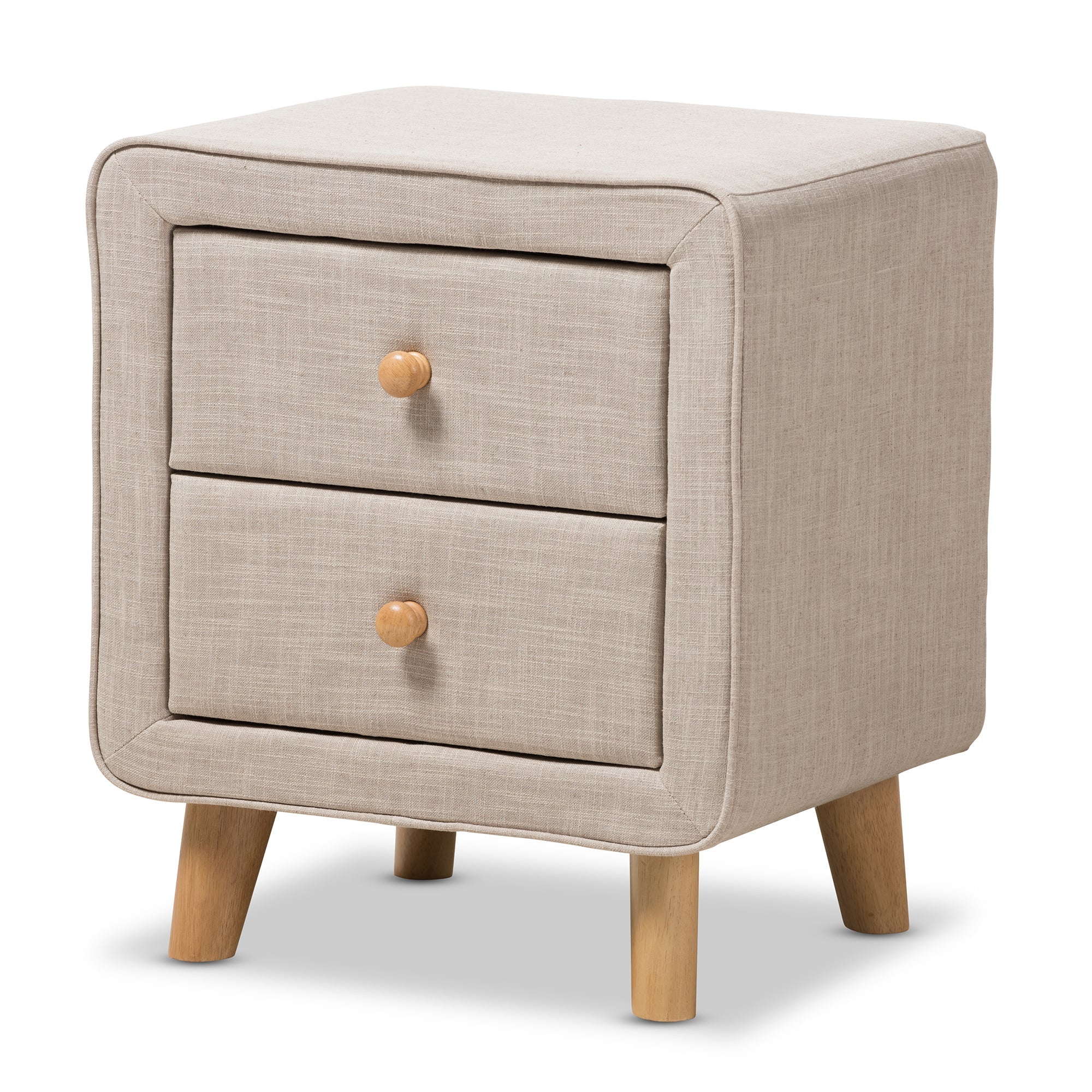 Jonesy Mid-Century Beige Linen Upholstered 2-Drawer Nightstand