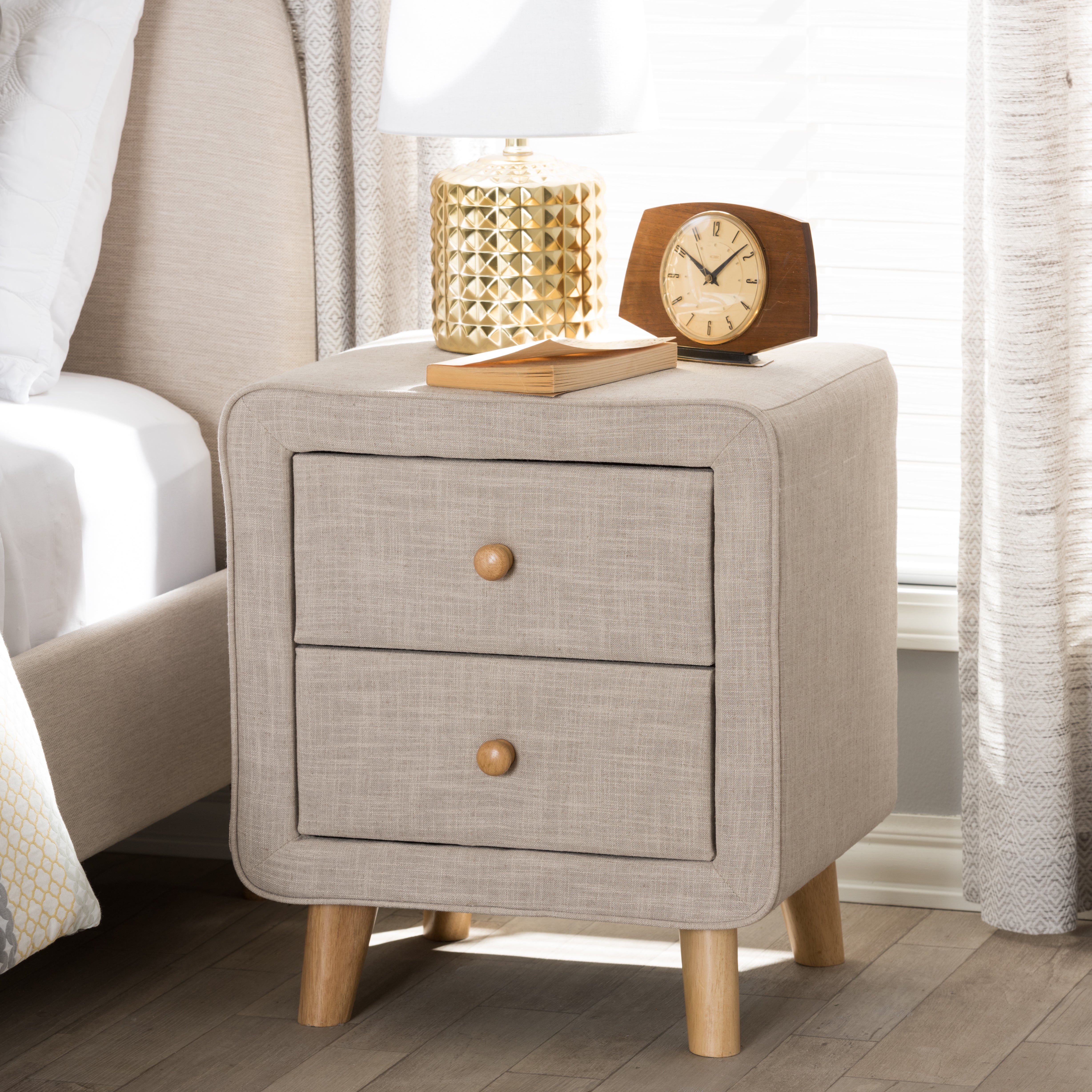 Jonesy Mid-Century Beige Linen Upholstered 2-Drawer Nightstand