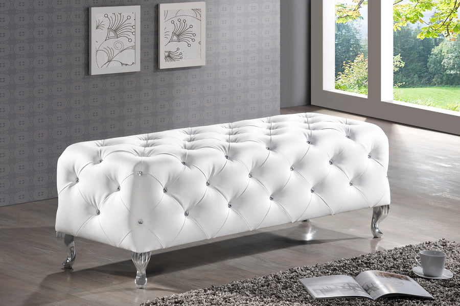 Stella Crystal Tufted White Leather Modern Bench