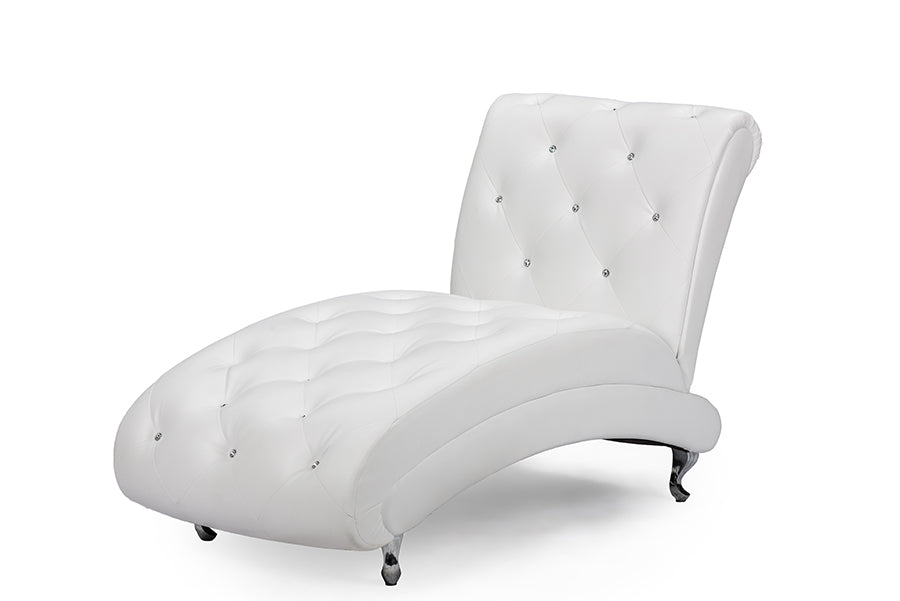 Pease Contemporary White Faux Leather Upholstered Crystal Button Tufted Chaise Lounge