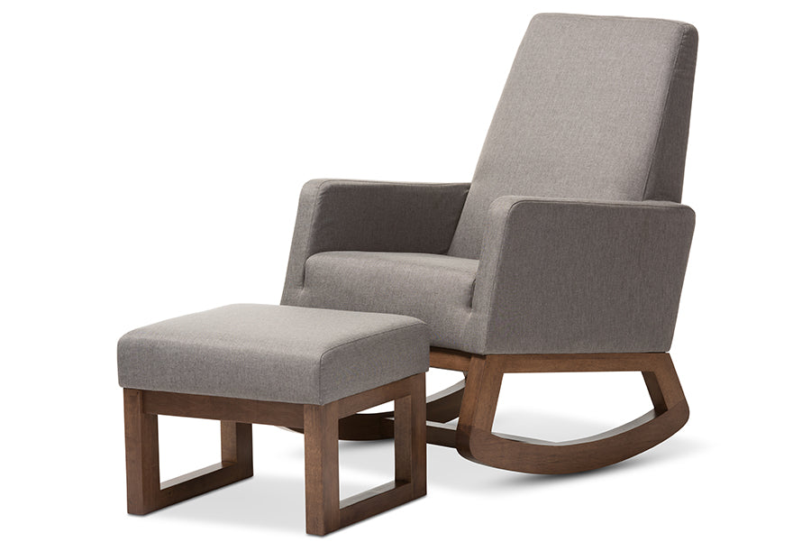 Yashiya Mid-century Retro Modern Grey Fabric Upholstered Rocking Chair and Ottoman Set
