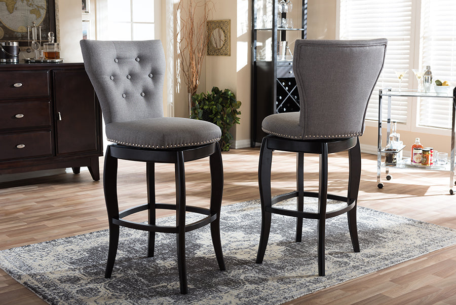 Leonice Modern and Contemporary Grey Fabric Upholstered Button-tufted 29-Inch 2-Piece Swivel Bar Stool Set