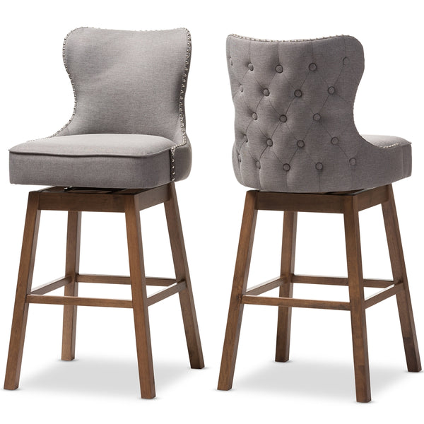 Gradisca Modern and Contemporary Brown Wood Finishing and Grey Fabric Button-Tufted Upholstered 2-Piece Swivel Barstool Set