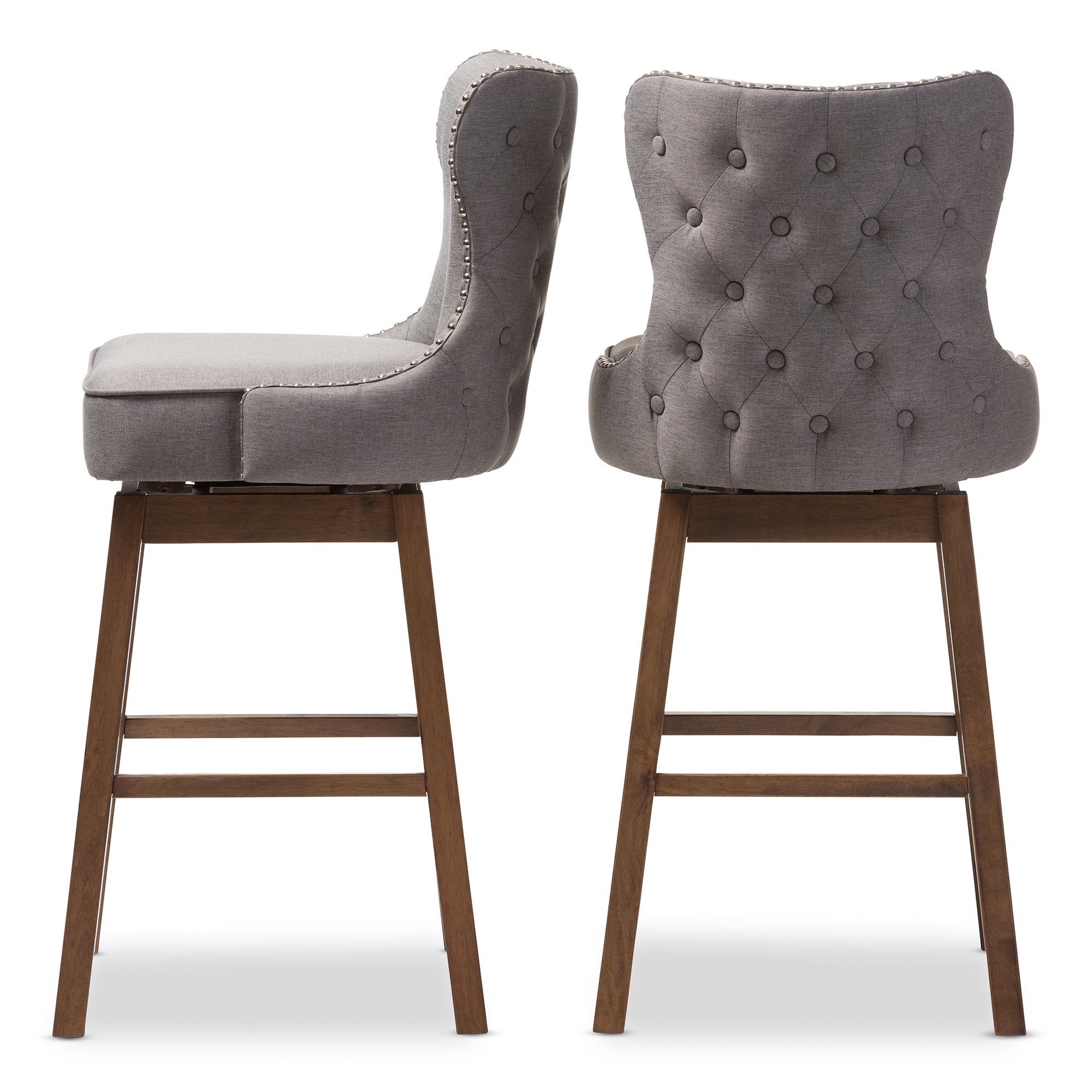 Gradisca Modern and Contemporary Brown Wood Finishing and Grey Fabric Button-Tufted Upholstered 2-Piece Swivel Barstool Set