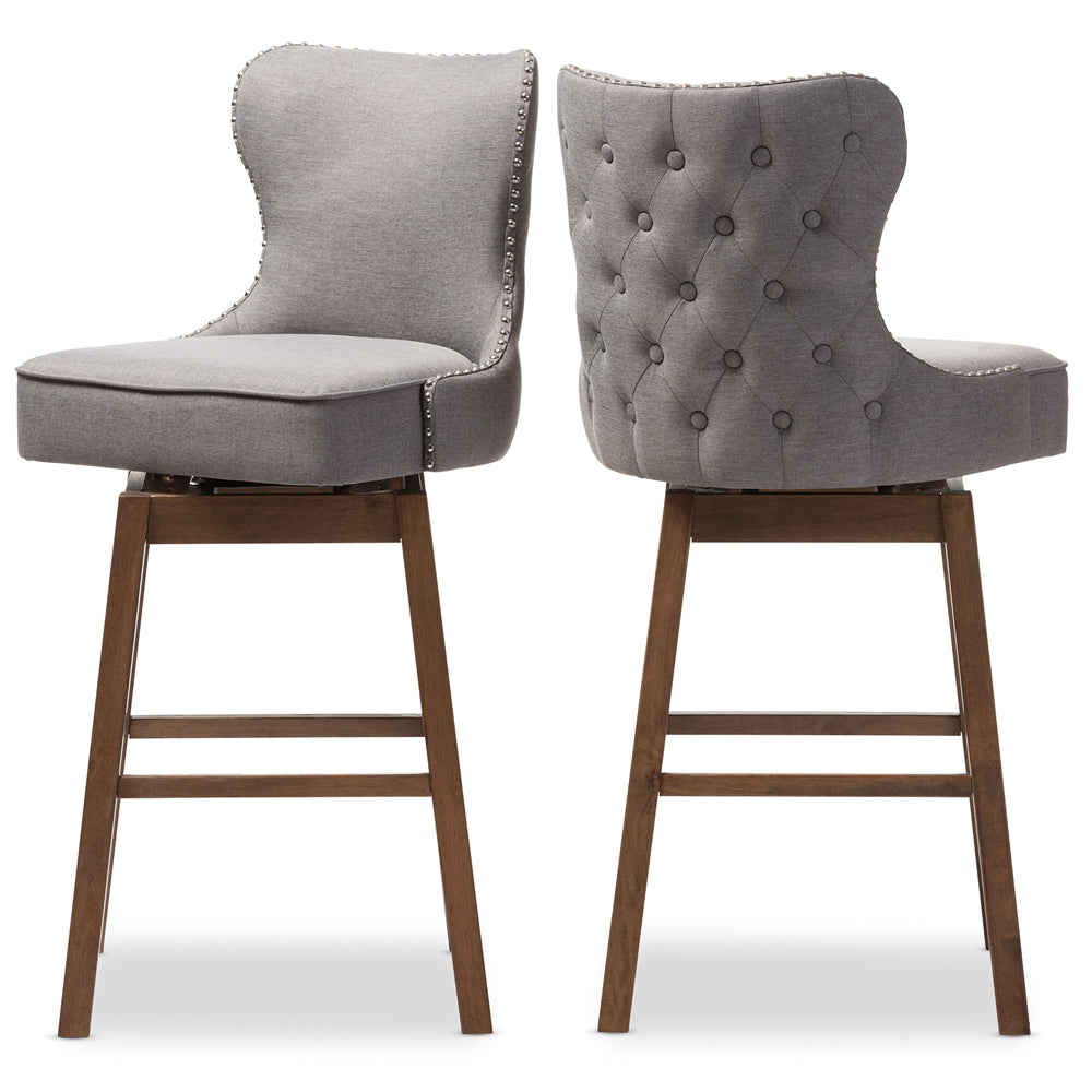 Gradisca Modern and Contemporary Brown Wood Finishing and Grey Fabric Button-Tufted Upholstered 2-Piece Swivel Barstool Set