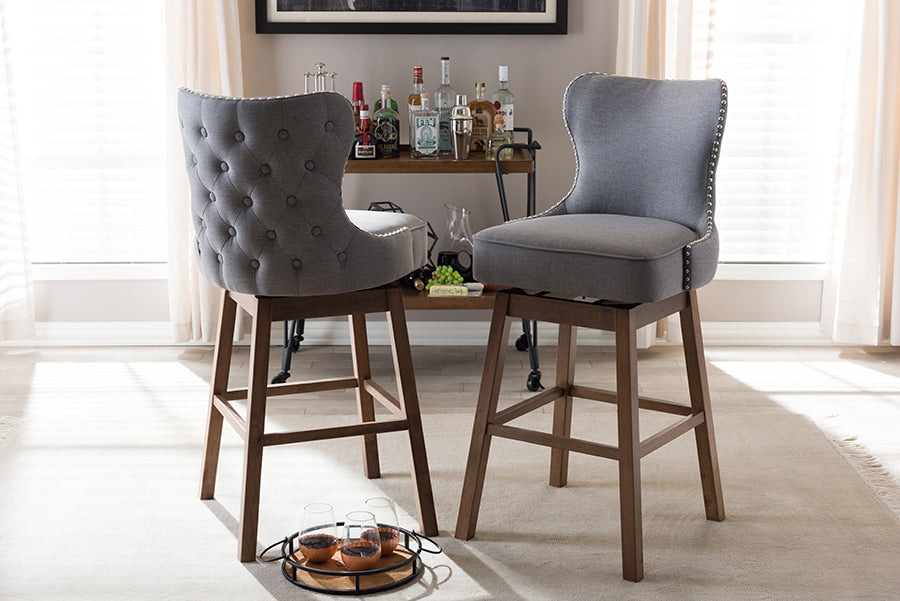 Gradisca Modern and Contemporary Brown Wood Finishing and Grey Fabric Button-Tufted Upholstered 2-Piece Swivel Barstool Set