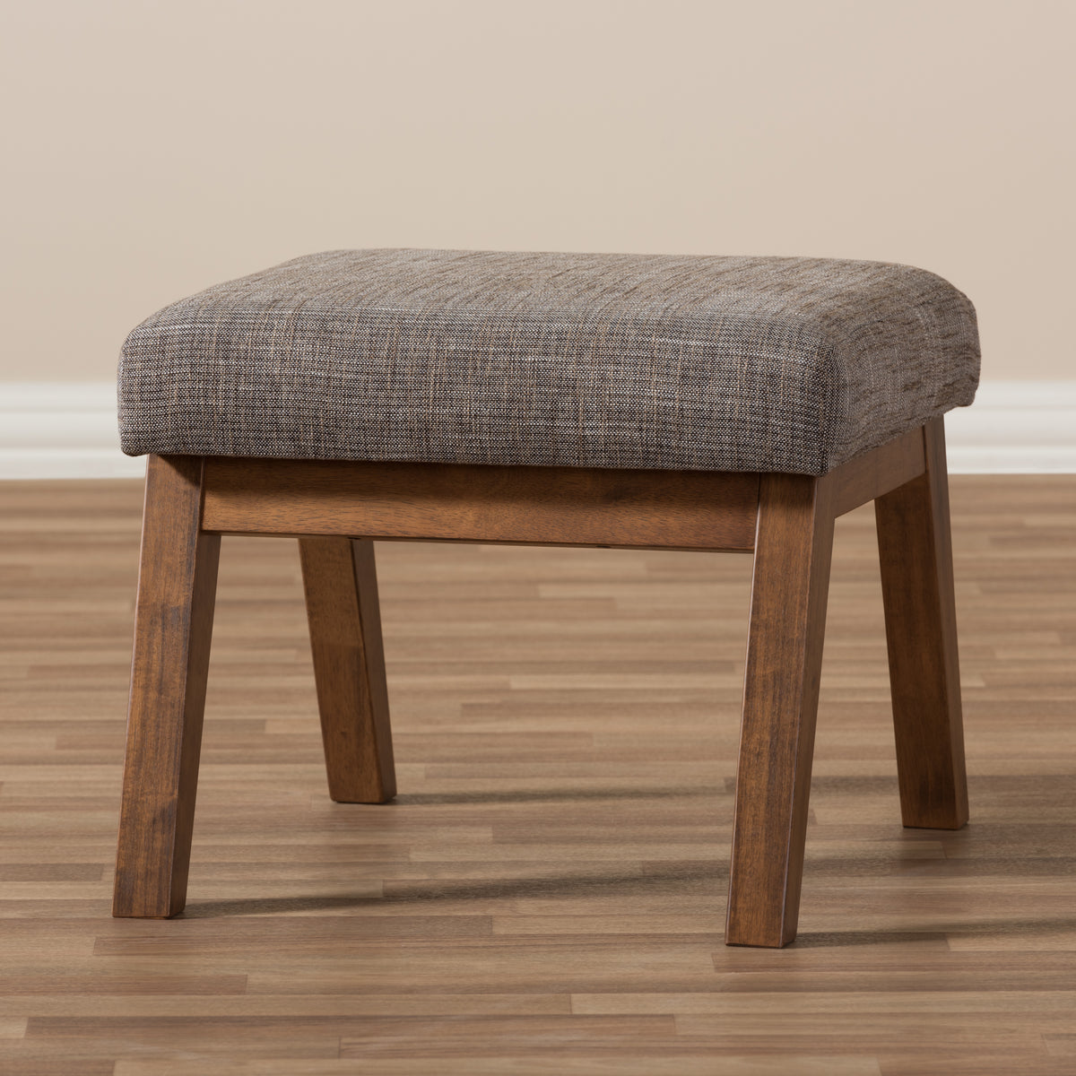 Aberdeen Mid-Century Modern Walnut Wood Finishing and Gravel Fabric Upholstered Ottoman