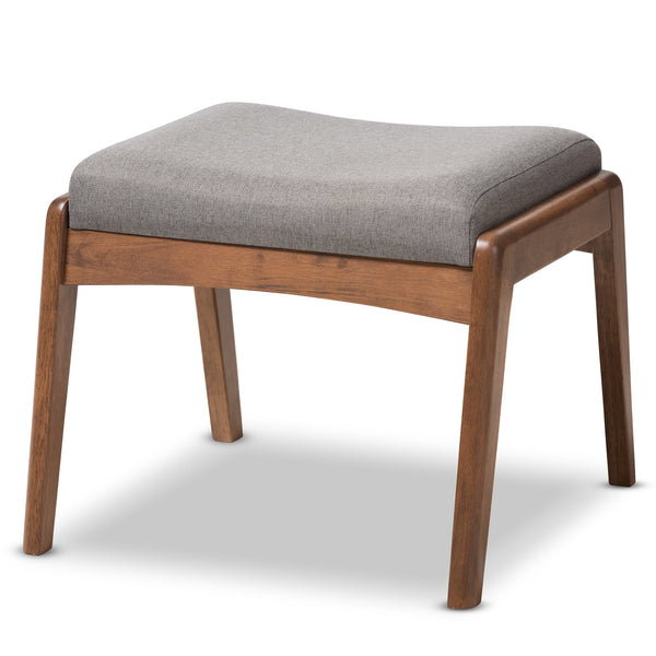Roxy Mid-Century Modern Walnut Wood Finishing & Grey Fabric Upholstered Ottoman