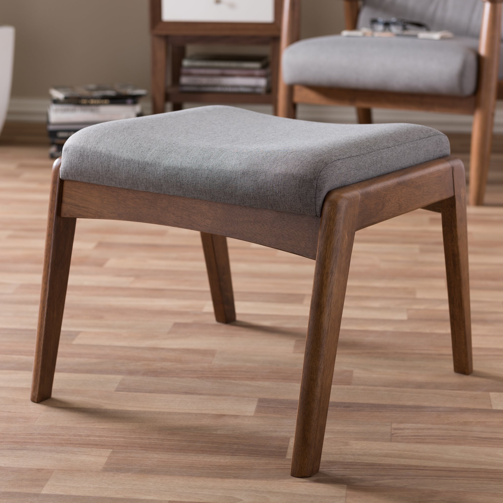 Roxy Mid-Century Modern Walnut Wood Finishing & Grey Fabric Upholstered Ottoman